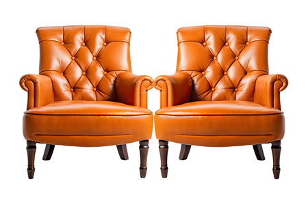 A pair of high end orange leather armchairs with wooden legs and arms pictured separately against aの素材