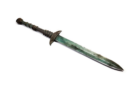 Ancient warrior artifact Akinak a Scythian short sword with a bronze handle and green patina on a whの素材