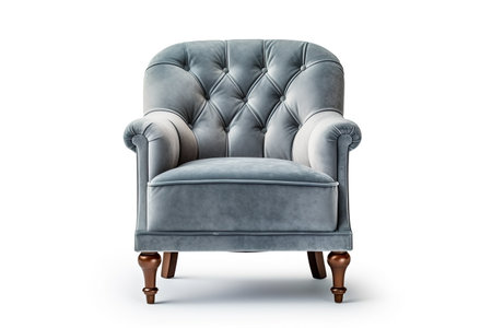 Art deco style armchair in blue velvet with wooden legs isolated on white background Front viewの素材