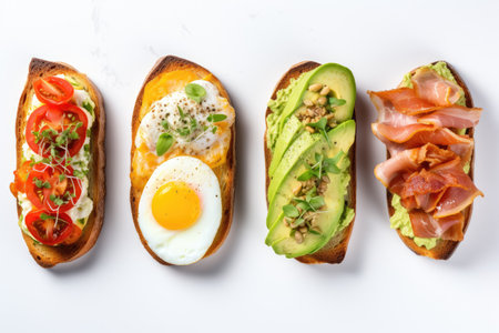 Assorted sandwiches with avocado fried egg tomatoes bacon cream cheese and smoked mackerel on wholeの素材