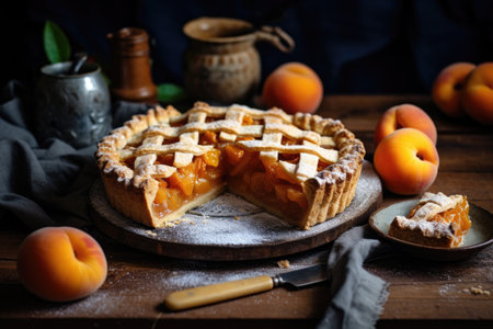 Apricot pie on wooden table with vintage cake shovel and cloth backdropの素材