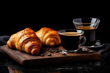 Beverages and pastries on dark surfaceの素材