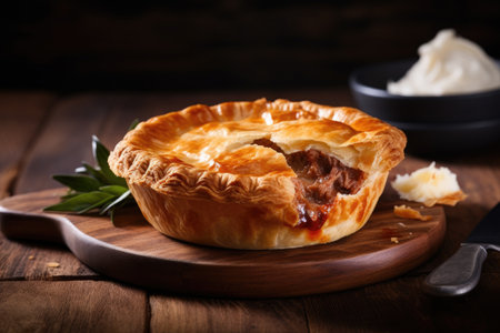 Australian meat pie on wooden table rustic style copy spaceの素材