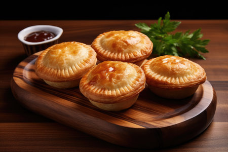 Australian meat pies made with shortbread dough on a wooden board against a wooden backdropの素材