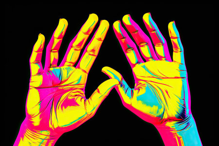 Bold neon pop art collage style with human palm Modern psychedelic element for posters banners wallpの素材