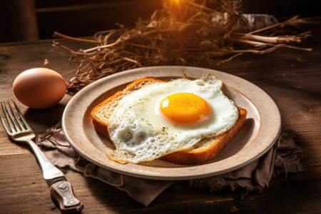 Breakfast fried egg on bread plate rustic tableの素材