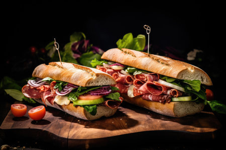 Two ciabatta sandwiches with lettuce tomatoes cucumber ham salami and cheeseの素材