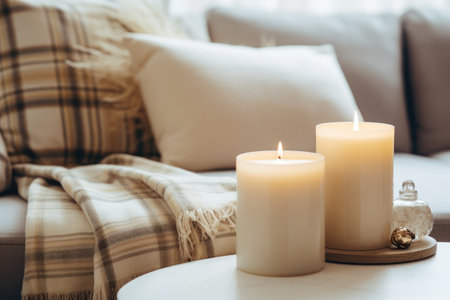Candles arranged on white table with sofa and pillows Cozy home ideaの素材