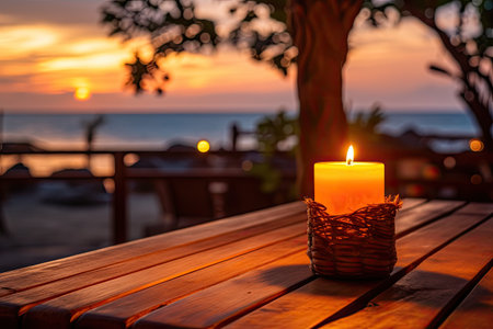 Candle at a cafe with ocean view Sunset Point Nusa Lembongan Indonesia Symbolizes peace and loveの素材