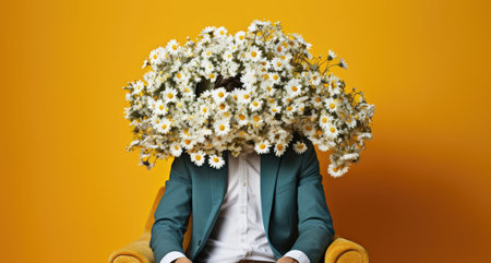 Unique portrait of a man with a daisy for a head sitting on a spring postcard backgroundの素材