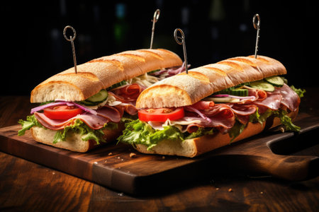 Two new submarine sandwiches topped with ham cheese bacon tomatoes lettuce cucumbers and onions placの素材