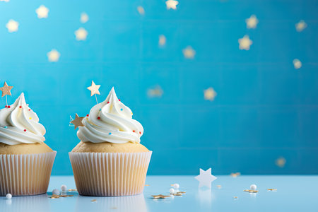 Vanilla cupcakes soar with colorful icing stars levitating on a blue backgroundの素材