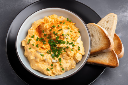 Various preparations of chicken eggs with toast and coffee on a gray background as viewed from aboveの素材