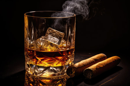 Cigar and whiskey on a black backgroundの素材