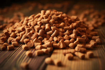 Close up of dry dog food bulk on wooden backgroundの素材
