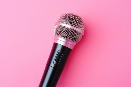 Close up of a mic on pink background representing creative expression and vocal trainingの素材