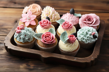 Closeup of vintage cupcakes on wooden trayの素材