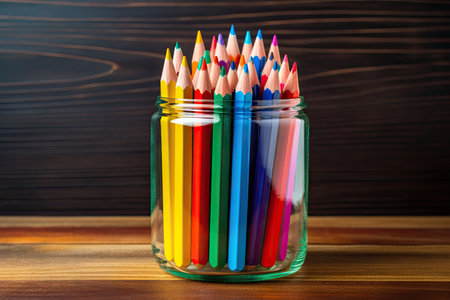 Colored pencils stacked in a glass on a wooden backgroundの素材