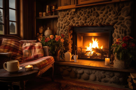 Cozy evening ambiance with warm glow from country house fireplaceの素材