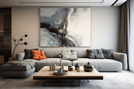 Contemporary grey couch in a living roomの素材