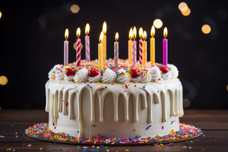 Colorful birthday cake with white icing dripping and sprinklesの素材