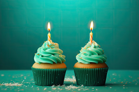 Cupcakes with birthday theme on green backdropの素材