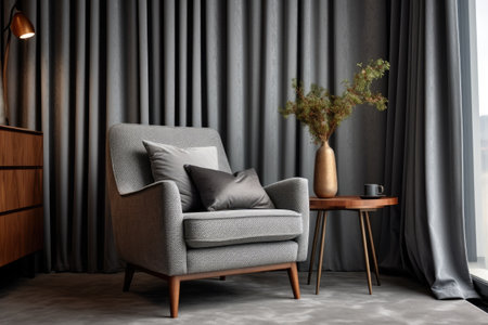 Cozy curtains and a grey armchair in the living room are comfortably placedの素材