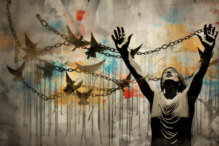 Digital collage of contemporary art featuring a hand triumphantly raised breaking free from handcuffの素材