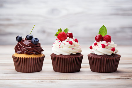 Delicious cupcakes on a table made of white woodの素材