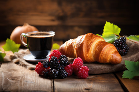 Delectable morning meal with fresh pastries and ripe fruit on rustic woodの素材
