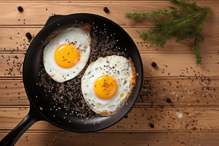Eggs on pan with black pepper viewed from above on white wooden backgroundの素材
