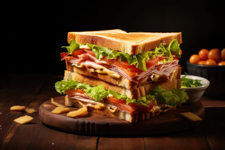 Delicious sandwich with veggies ham cheese and toast on a brown background Side view empty areaの素材