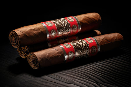 Dark wrapped double robusto cigars on black backdropの素材