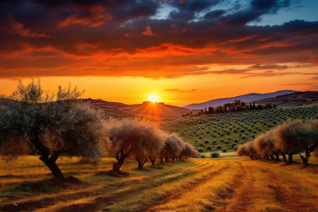 Gorgeous sunset above Tuscan olive groveの素材