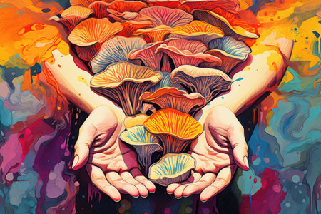 Exclusive magazine image of psychedelic mushrooms being held by hands and arms isolated on a paintedの素材