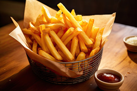 French fries in a paper basket on a wood tableの素材