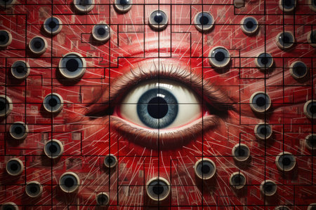 Grid displaying human eyes and the concept of surveillanceの素材