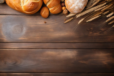 Fresh bread on a wooden table seen from above with room for your textの素材