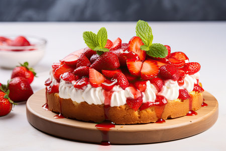 Isolated closeup of homemade strawberry cake pie on white backgroundの素材