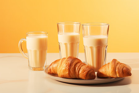 Hot drinks glass three croissants pastel background Coffee and croissants Light breakfastの素材