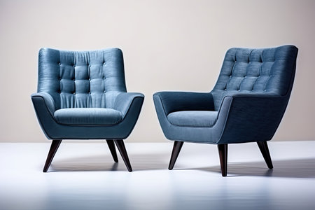 Modern designer armchair and chair set in blue hues showcased against a white backdrop Textile upholの素材