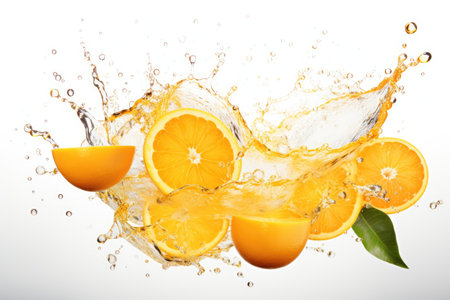 Orange juice being splashed with oranges on a white backdropの素材