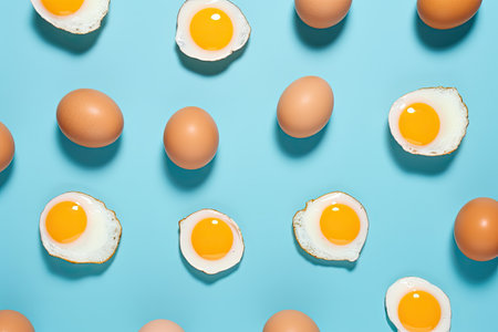 Minimalistic concept of food fashion with fried and scrambled eggs on blue background viewed from abの素材