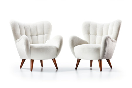 Pair of art deco armchairs in white velvet with wooden legs isolated on white background clipping paの素材