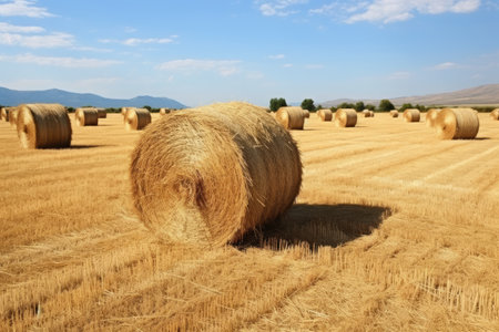 Late summer field harvest of haystacksの素材