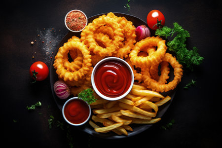 Top view of dark table with onion rings fries and ketchupの素材