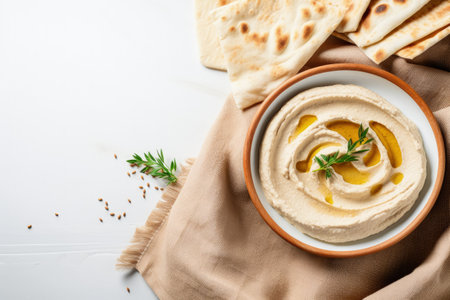 Hummus and pita bread on tableの素材