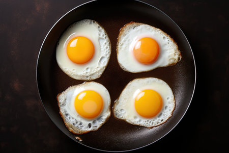 Bird s eye view of skillet with trio of fried eggsの素材