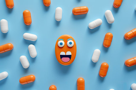 Antidepressants and healing portrayed with orange pills and funny faces on a blue backdropの素材
