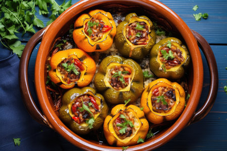 Biber dolmasi stuffed pepper halves with rice dried tomatoes herbs and cheese on a blue wooden tableの素材